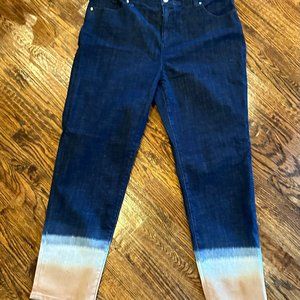 CHICO'S Jeans, SLIMMING Size 14R, Dark Blue Denim, Cream & Peach